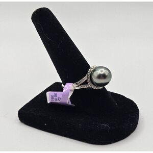 New Gray Tahitian Pearl Sterling Silver Rind Size 7 Diamond Accent 10mm